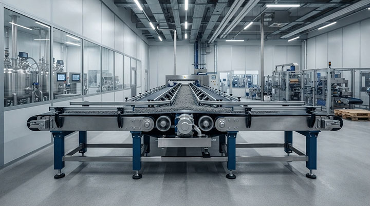 Reversible belt conveyor transferring intermediate bulk products between processing and packaging workshops in a clean high-tech manufacturing facility