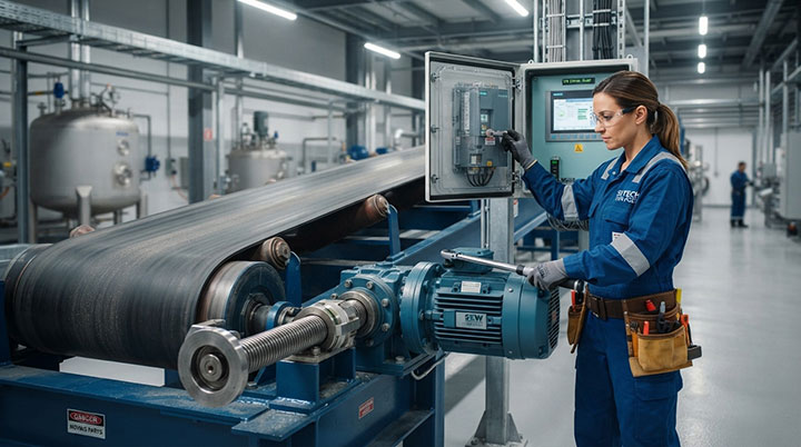 Professional industrial photography capturing an engineer inspecting the VFD control panel and gear motor bearings on a heavy-duty reversible belt conveyor drive unit in a modern plant