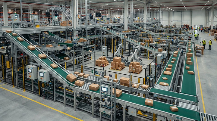 Modern automatic belt conveyor system with multi-level transport and robotic arms in an automated fulfillment center