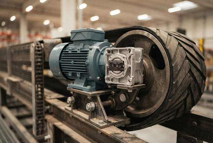Heavy-duty drive unit, gearbox, and durable black rubber belt of an industrial belt conveyor system