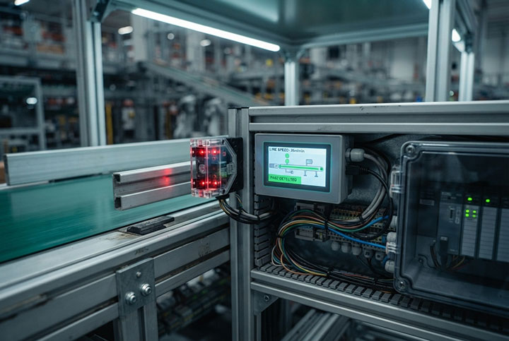 Smart photoelectric sensor integration and HMI touch screen PLC control panel on an automatic belt conveyor