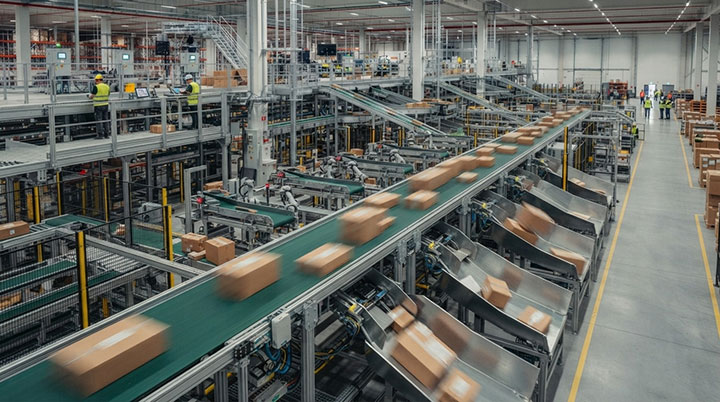 High-throughput automatic belt conveyor system with pneumatic sorters operating in a busy e-commerce warehouse
