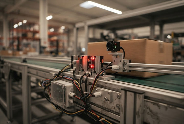High-precision photoelectric sensor array for real-time package tracking on an automatic belt conveyor.