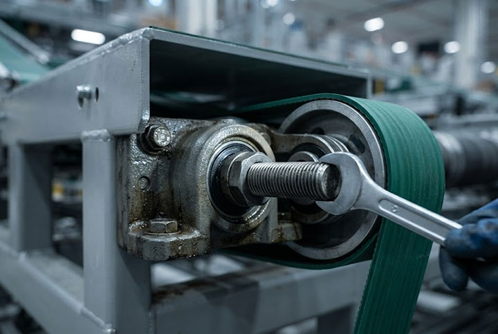 Close-up of industrial conveyor belt tension bolt mechanism for tracking and alignment maintenance.