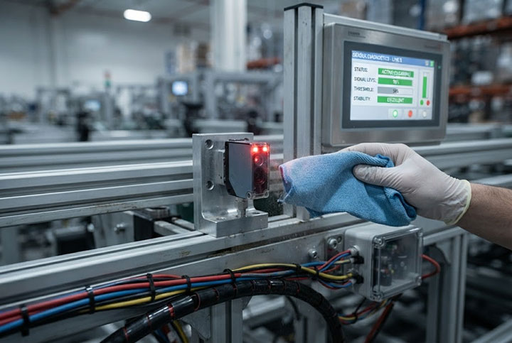Industrial maintenance technician cleaning photoelectric sensor lens and checking status on HMI panel for signal latency.