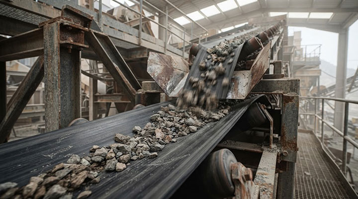 Close-up view of a mining conveyor transfer point, showing the wear-resistant rubber belt and heavy-duty steel structure.