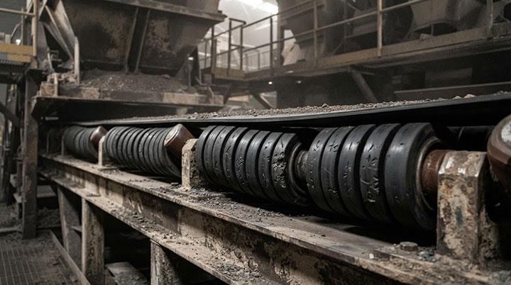 Mining conveyor impact idler bed equipped with shock-absorbing rubber rings to protect the belt from heavy load impacts.