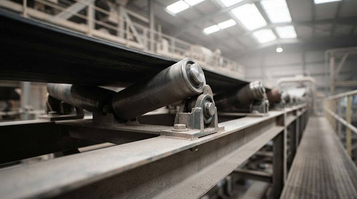 Close-up of mining conveyor idlers after years of service, showing minimal wear and robust structural integrity.