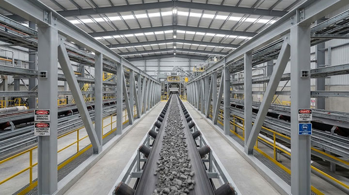 Symmetrical view of a clean, high-capacity industrial conveyor gallery in a modern processing plant ensuring reliable bulk haulage.