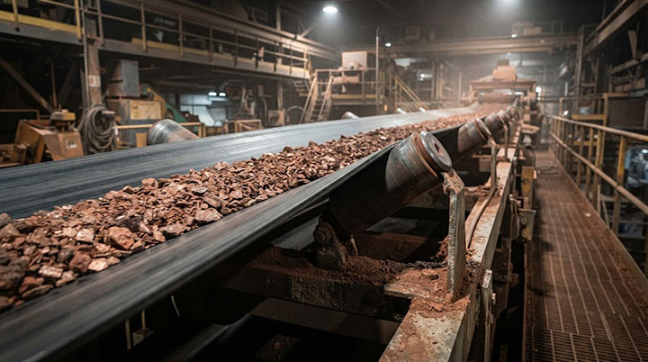 Close-up of a mining conveyor self-aligning training idler actively correcting belt drift during operation.
