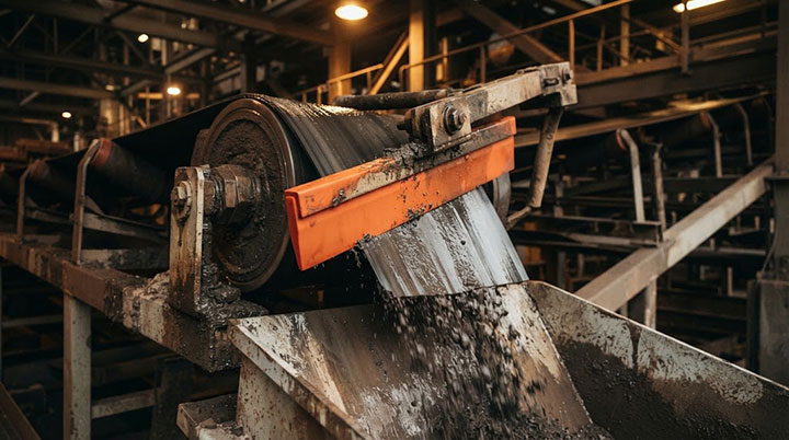 Heavy-duty polyurethane primary belt cleaner installed at the conveyor head pulley, effectively scraping off wet, sticky carryback.
