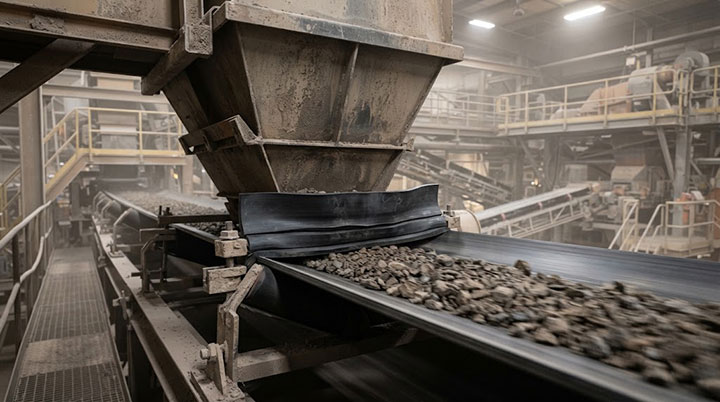 Heavy-duty rubber sealing skirting at a mining conveyor transfer point loading zone, creating a tight dust and spillage seal.