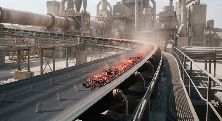 Long distance heavy-duty heat resistant conveyor belt operating continuously in a dusty outdoor mining facility.
