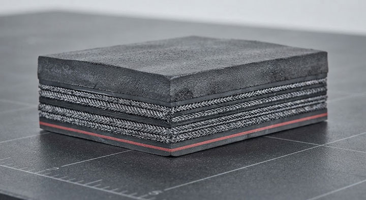 High-resolution cross-section of EPDM heat resistant conveyor belt showing multiple layers of EP fabric canvas reinforcement and rubber adhesion.