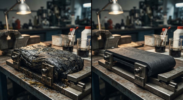 Comparative destructive test shows DAHAN dual-protection heat and oil resistant conveyor belt (right) remains intact, while standard EPDM belt (left) swells and degrades under hot oil and abrasion.