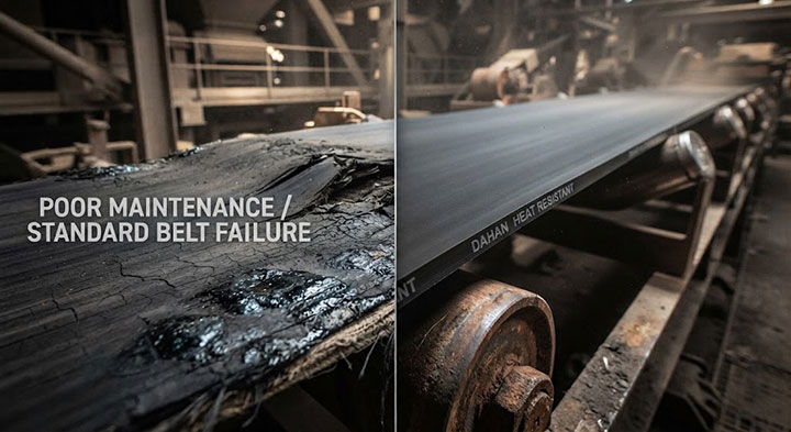 Comparative industrial photograph showing severe thermal damage and cracking on a standard conveyor belt (left) versus the pristine condition of a DAHAN heat resistant conveyor belt (right) under proper maintenance.