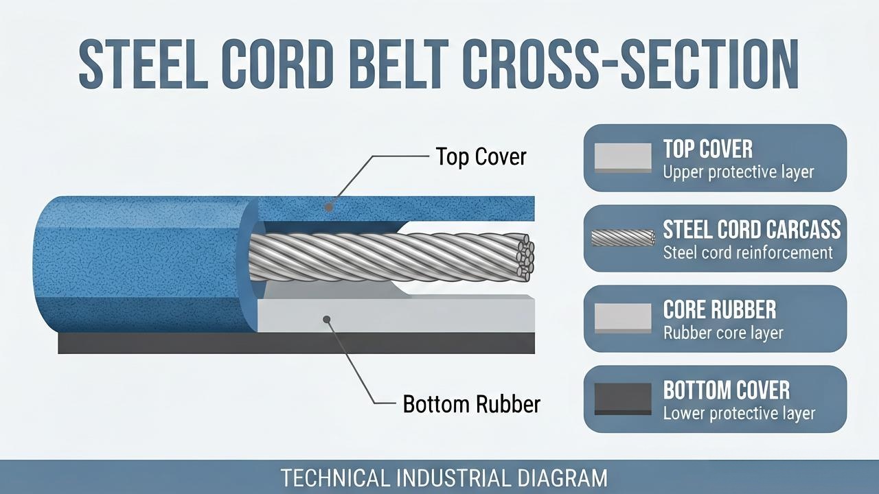 Steel cord conveyor belt cross section showing internal structure