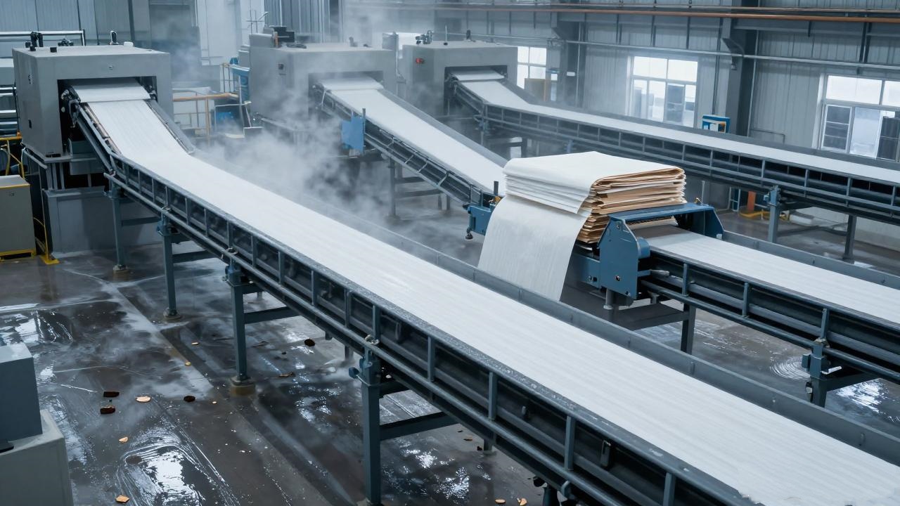 Paper mill conveyor belt operating in a wet industrial environment