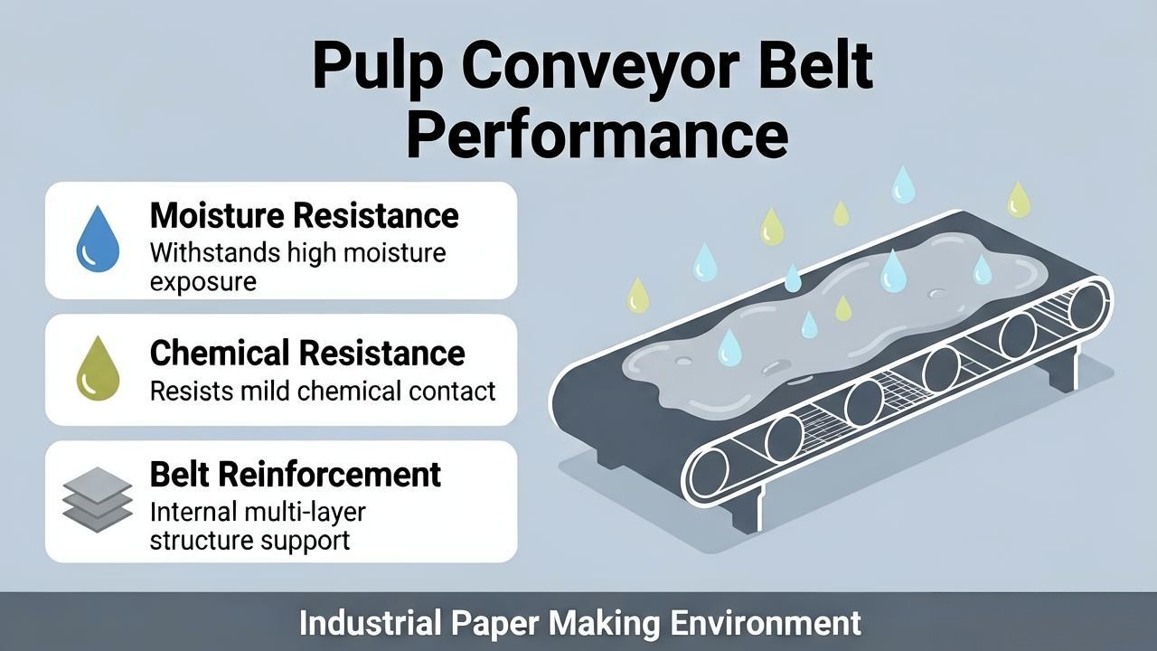 Conveyor belt exposed to moisture and chemicals in a paper mill