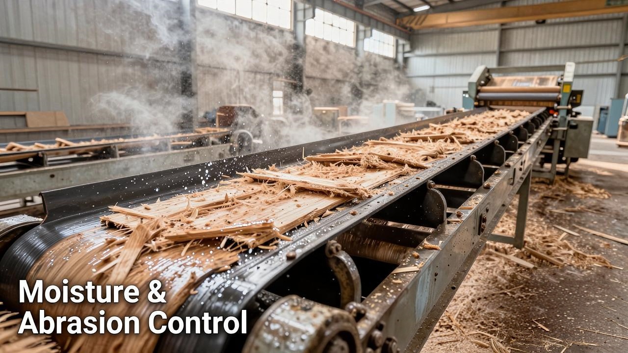 Wood chip conveying with abrasion resistant conveyor belt