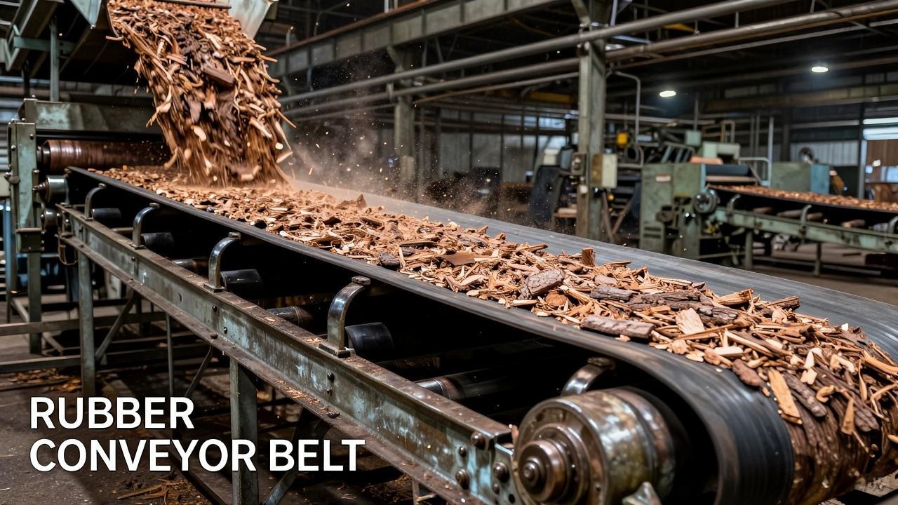 Rubber conveyor belt transporting wood chips in a paper mill