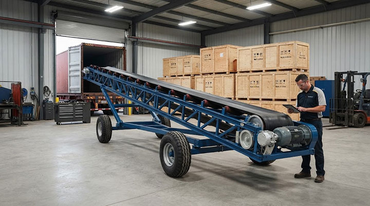 Mobile belt conveyor undergoing factory testing and preparation for export in Dahan Machinery workshop.