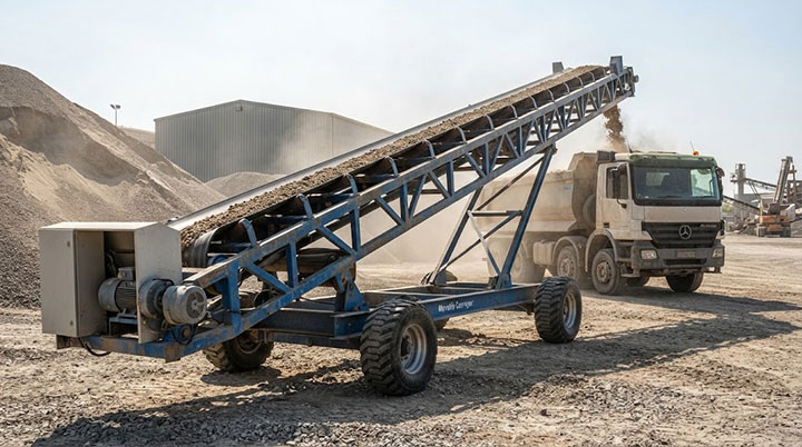 Movable belt conveyor operating at a client site for efficient bulk aggregate and material handling.