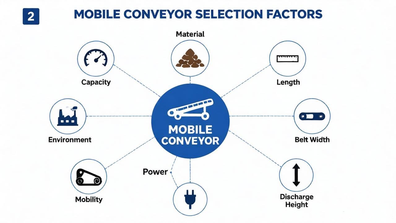 Mobile conveyor selection factors including capacity, belt width, length and mobility