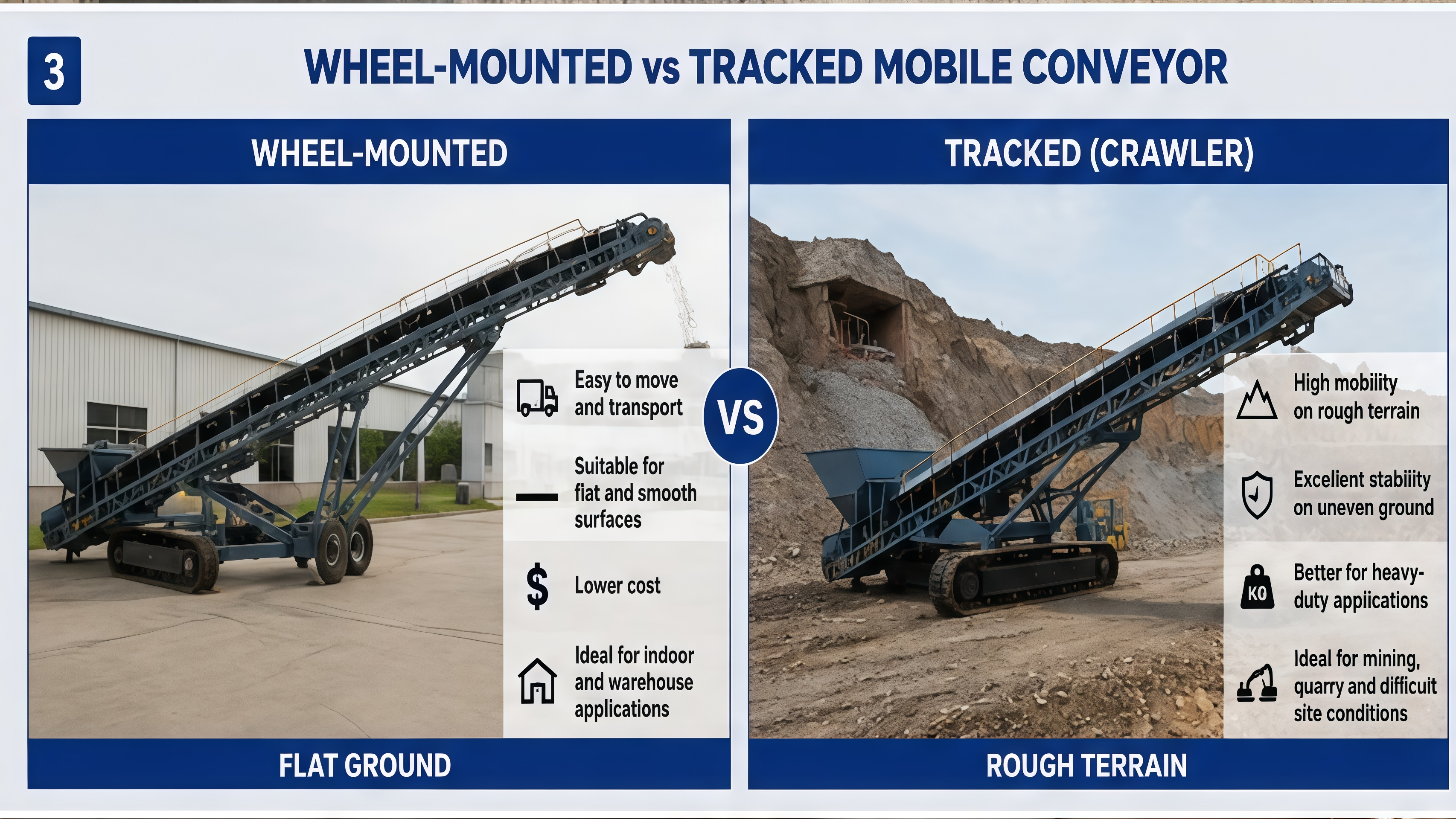 Wheel-mounted vs tracked mobile conveyor for different ground conditions