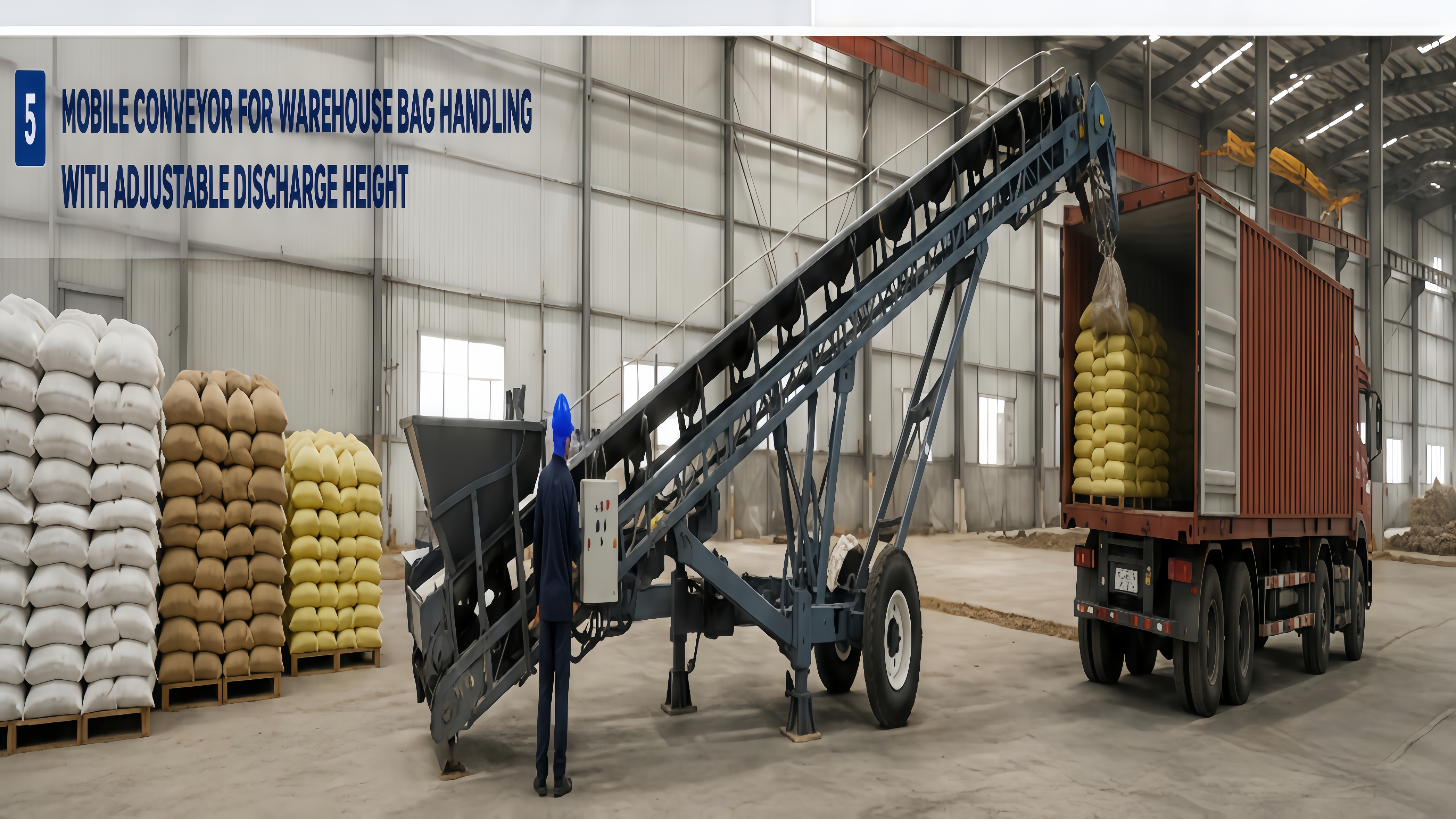 Mobile conveyor for warehouse bag handling with adjustable discharge height