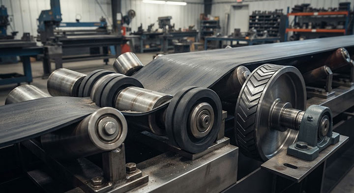 Close-up view of heavy-duty industrial conveyor idlers, buffer rollers, and drive drum components in a manufacturing workshop