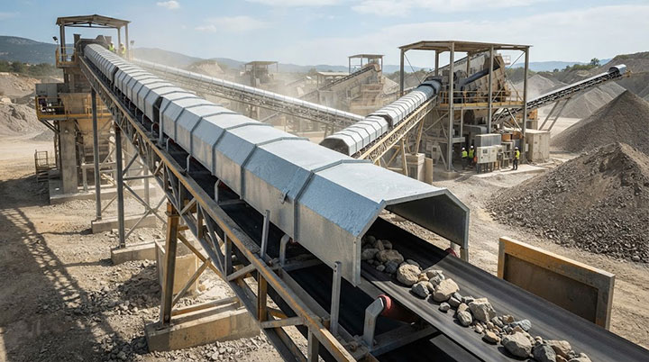 Heavy-duty industrial belt conveyor system equipped with galvanized steel dust covers operating in an aggregate processing plant
