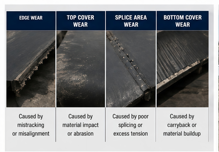 rubber conveyor belt wear diagnosis by location