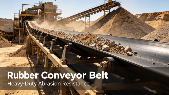Heavy‑duty rubber conveyor belt transporting bulk aggregate material