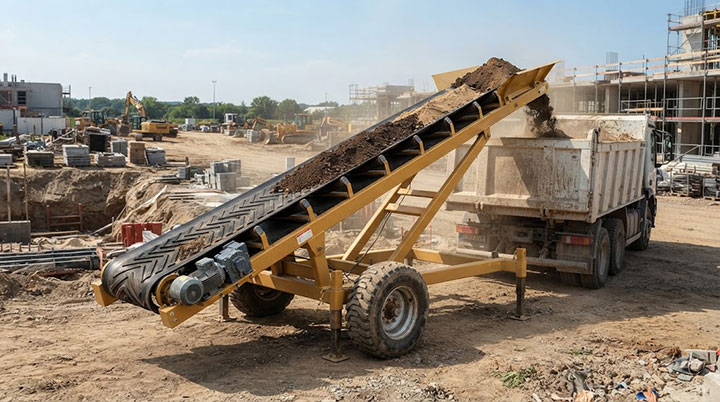 A heavy-duty yellow mobile soil conveyor belt is loading soil and sand onto a dump truck at an outdoor construction site.