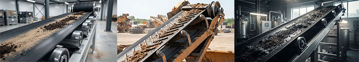 Comparison chart of industrial conveyor belt types: flat belts for conveying dry sand and soil, chevron-patterned belts for inclined transport of wet, sticky clay, and oil- and corrosion-resistant belts for handling industrial sludge.