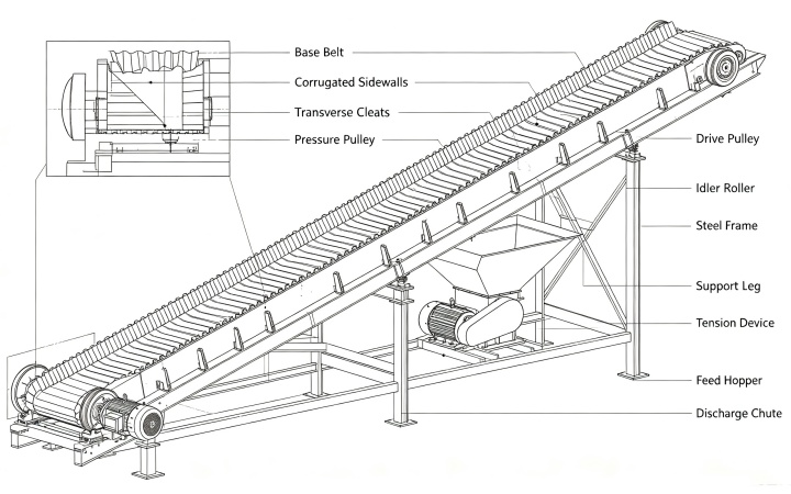Corrugated sidewall belt conveyor CAD structure drawing, labeled parts: base belt, corrugated sidewalls, transverse cleats, pressure pulley, drive pulley