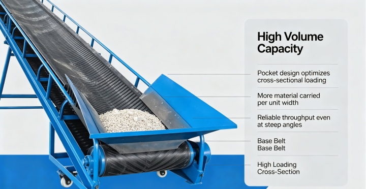Corrugated sidewall belt conveyor high volume capacity, steep angle bulk material conveying with pocket loading design