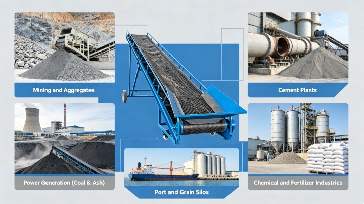 Corrugated sidewall belt conveyor application fields, mining aggregates, cement plant, power plant, chemical fertilizer, port grain silo bulk material transportation