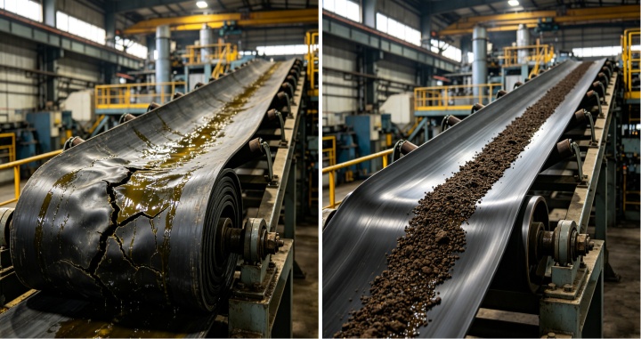 Oil Resistant Conveyor Belts comparison, normal belt chemical degradation vs NBR oil‑resistant belt