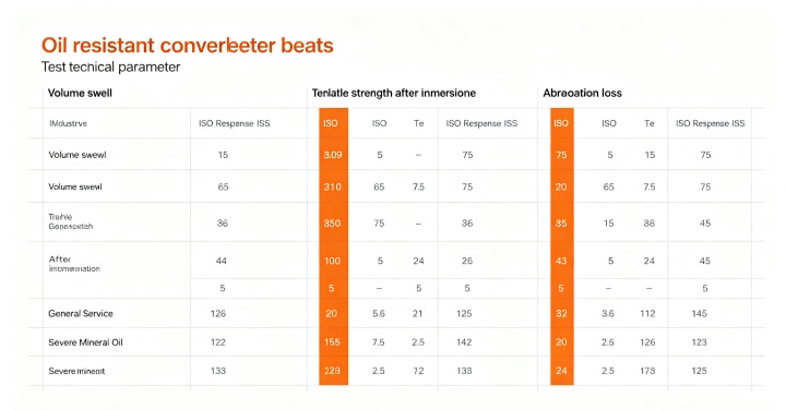Oil resistant conveyor belt key test parameters ISO 1817 ISO37 ISO4649