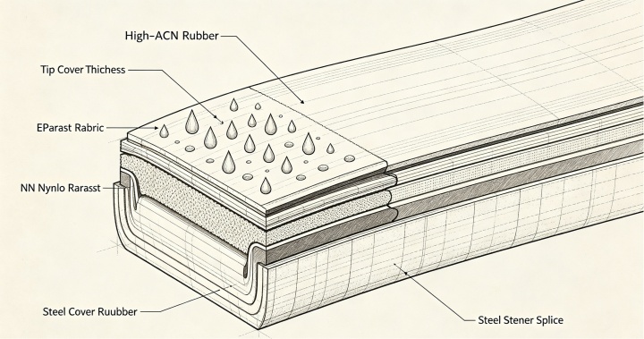 Oil resistant conveyor belt cross‑section diagram cover and carcass structure