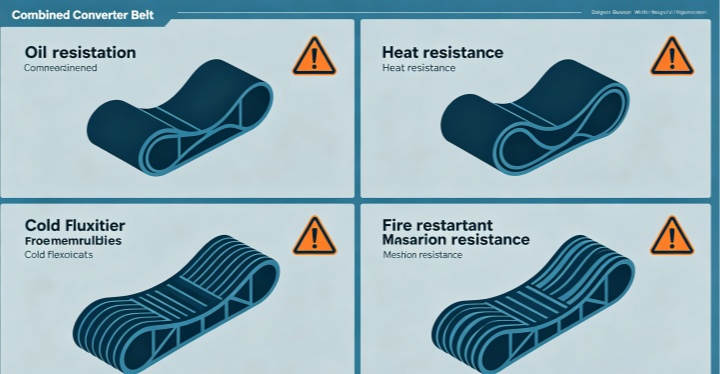 Combined working conditions for oil resistant belts heat cold fire retardant