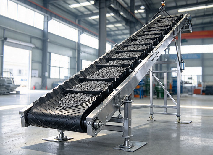 Inclined belt conveyor with corrugated sidewall and cleats transporting coarse crushed stone for material handling.