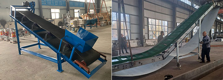 Two inclined belt conveyors of different lengths and structures, illustrating capacity, conveyor length, and material flow considerations.