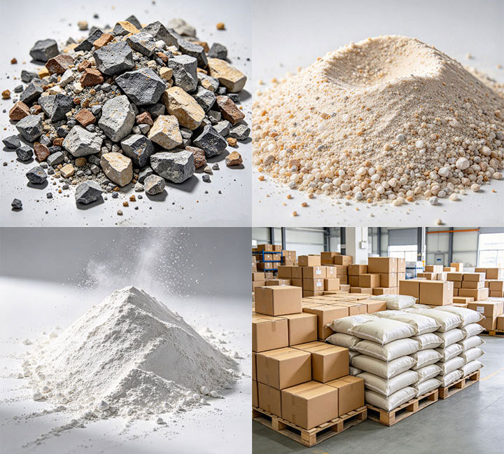 Four types of bulk and packaged materials: crushed stone, sand, powder, and boxes, illustrating belt conveyor selection examples.