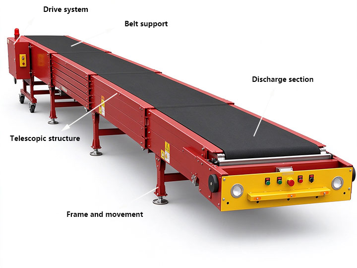 Telescopic belt conveyor with labeled drive system, belt support, telescopic structure, discharge section, and frame.