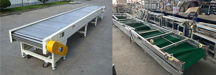 Mobile wheeled conveyor and fixed belt conveyor frame, showing fixed and mobile telescopic arrangement options.