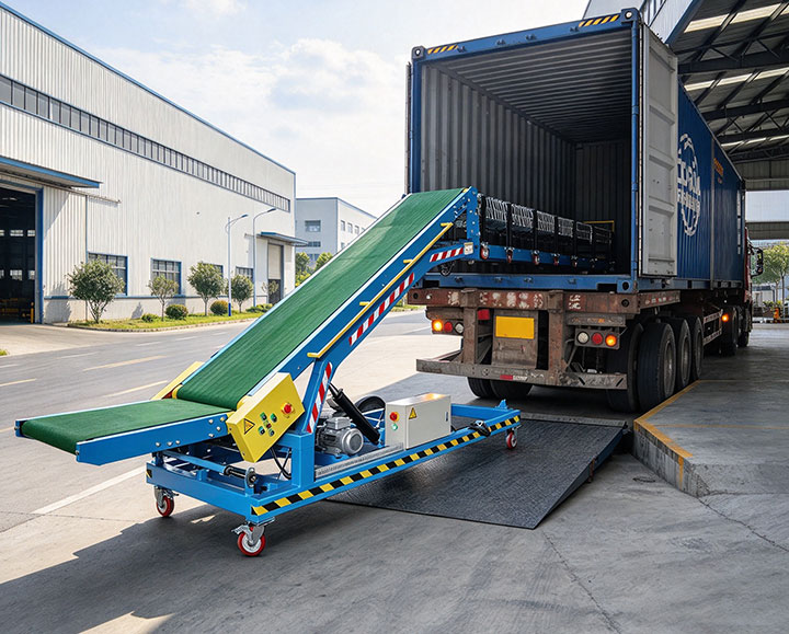 Mobile telescopic conveyor extending into an open shipping container for loading.