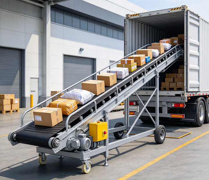Telescopic belt conveyor carrying cartons, bags, and parcels into a shipping container.